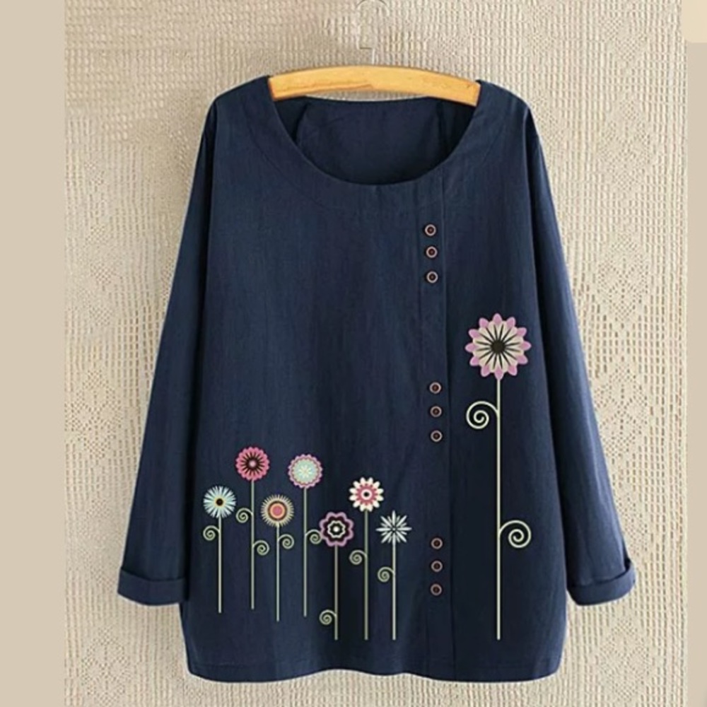 Tee Navy Floral Offset-Button Size 5X